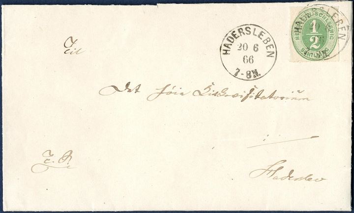 Local letter sent from Moltrup-Bjerning to Hadersleben 20. June 1866 and franked with 1/2 Sch. HERZOGTH-SCHLESWIG green tied by Prussian 1-ring. Local letters are scarce and this letter in an outstanding quality.