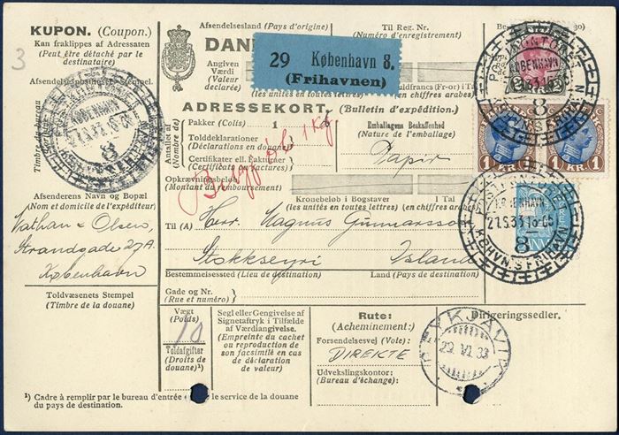 Parcel shipped from Copenhagen to Stokkseyri, Iceland via Reykjavik 21 May 1933. From Reykjavik to Stokkseyri a charge for transportation by car of “Bilgj ób 1 kr.” were paid upon arrival by receiver. The rate was 5 aur per 50 km, thus for parcel of kg. 10 x 10 aur (50-100 km) makes 100 aur. It is very unusual to find this sort of local charge by car. 