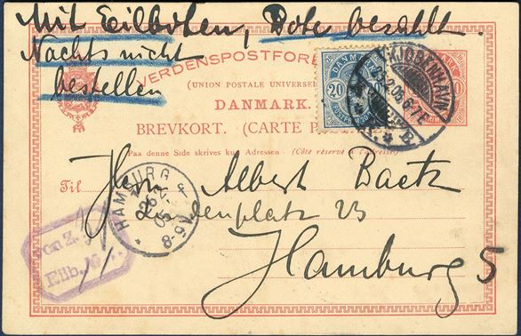 10 øre postcard franked with 20 øre Arms type on EXPRESS service from Copenhagen to Hamburg 25 February 1905 6-7 evening, and arrived Hamburg next day 8-9 morning. With express service, courier paid, Not to be delivered at night