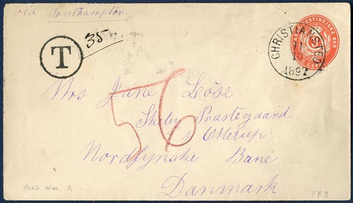 3 cents stationery double wm III envelope with postage due 35 centimes from Christiansted to Otterup and red cryon 56 (øre) to be claimed by addressee. A very fine postage due item.