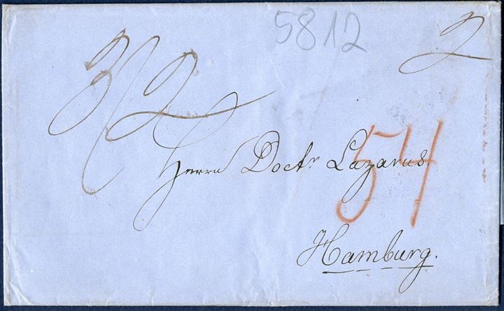 Entire from St. Thomas 16 January 1858 to Hamburg via London. Rate to Hamburg 3 sh. 2d ( 3 ounce letter 1/4 per 1/4 ounce plus 2d marked by ink) red chalk 54 payable by receiver. Cancelled with the British St. Thomas Post Office single 1-ring on the reverse, quite a scarce postmark.