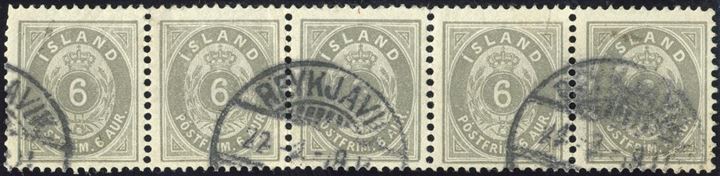 5-strip 6 aur 1897 cancelled with Reykjavik swiss type cds. Any used multiple of Icelandic stamps are scarce.
