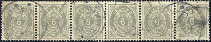 6-strip 6 aur 1897 cancelled with Reykjavik swiss type cds. Any used multiple of Icelandic stamps are scarce. With some faults.
