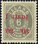 6 aur  Í GILDI ’02-’03 RED overprint on IV. printing, smudgy grey. Hinged, very fine centering. Excellent copy.