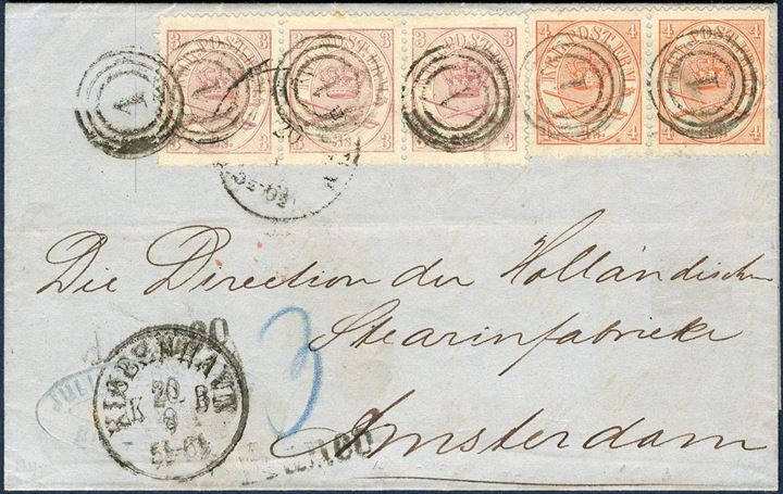 17 sk. letter sent from Copenhagen to Amstermdam 20 August 1866, franked with 3 sk. I printing and pair 4 sk. Vb printing1864-issue, tied by Copenhagen numeral 1. Amsterdam CDS arrival mark on reverse, in an excellent condition for a 1864-issue.
