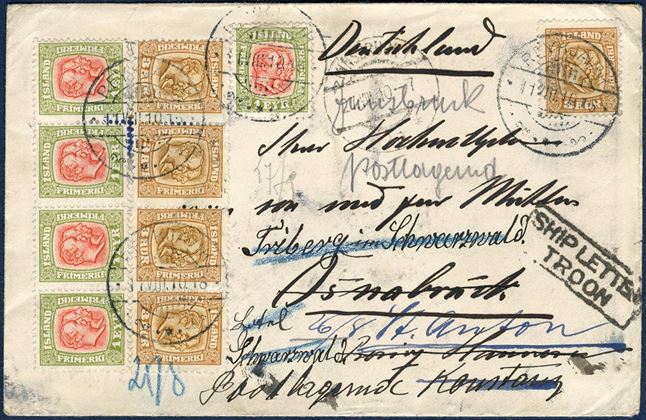 Letter from Reykjavik sent to Osnabrück 11. August 1910 and franked with five 1 eyr and 3 aur two-kings issue. Forwarded to St. Anton, Konstanz, Schwarzwald. On UK arrival marked with boxed “SHIP LETTER – TROON”. A very decorative letter.