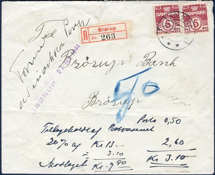 Letter sent from Holsted to Brørup 27. September 1944 franked with 10 øre underpaying the 20 øre rate. The postal service assumed that the letter contained money, then endorsed by “Formodes at indeholde Penge” and stamped “Brørup Postkontor” “27. SEP 1944”. As such, the letter were opened and proved to contain 13 kr. and fined with 20%, thus kr. 2,60 plus missing postage max. 20 øre due plus registration, 50 øre, total 3,10 kr. due by addressee. 