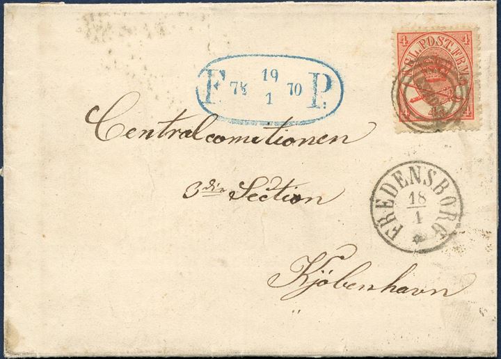Letter sent from Esrom to Copenhagen 18 January 1870 franked with 4 sk. 1864-issue tied by esrom type “ESROM” alongside “Fredensborg” CDS and delivered by the Foot Post service in Copenhagen with large oval Foot Post mark dated 19.1.1870. Unusual combination of these two cancels.