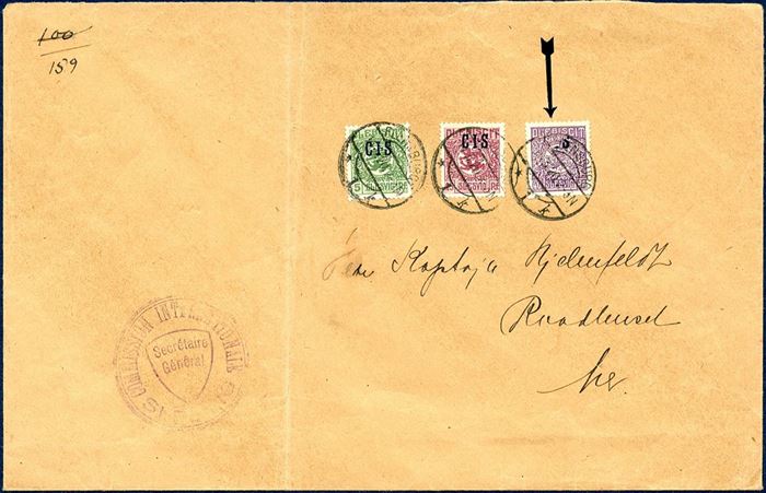 Local letter sent from “Commission Internationale Slesvig” in Flensburg 14 March 1920 and franked with 5, 15 and 40 pf overprinted CIS. Large part of the CIS overprint is missing on the 40 PF, very scarce item. 
