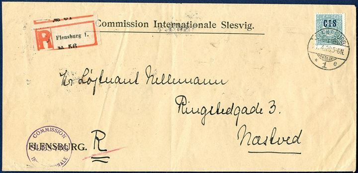 Registered letter sent from “Commission Internationale Slesvig” in Flensburg 21 April 1920 to Næstved and franked with 75 pf overprinted CIS. Letter rate 30 pf and registration fee 30 pf, total franked 60 pf, apparantly overfranked by 15 pf. 