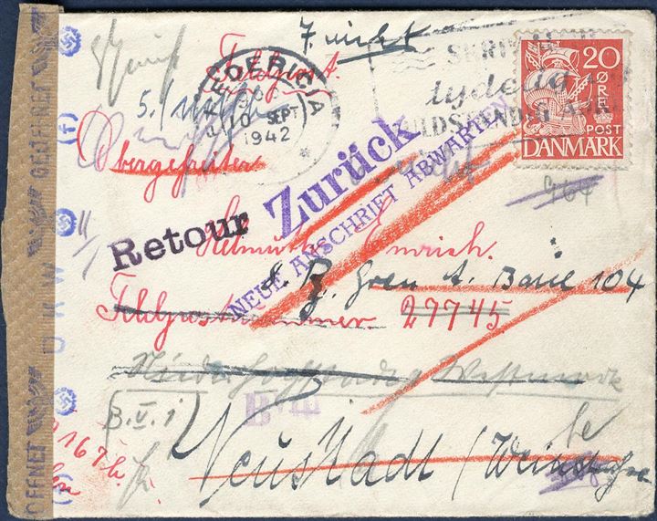 Letter sent from Fredericia to a soldier with the German forces at Field post number 27745 10 September 1942. Franked with 20 øre paying domestic rate, forwarded and returned and applied with return marks. Unusual letter.
