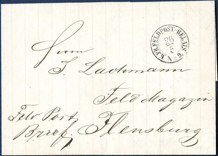 Field Post letter sent from Kolding to Flensburg 26 May 1864 and postmarked “K.PR.FELDPOST-RELAIS No. 9”. The Prussian troops occupied Jutland in the 1864-war and opened a Field Post office in Kolding where the postmark was used during the occupation. Letters with these postmarks are rarely seen.