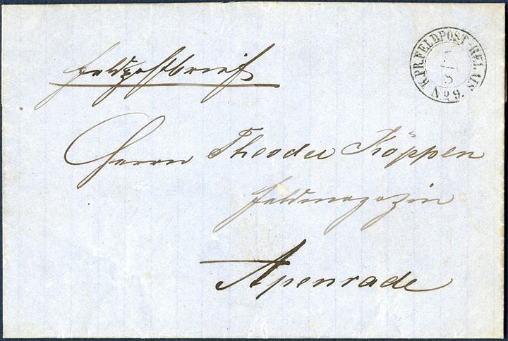 Field Post letter sent from Kolding to Apenrade 5 August 1864 and postmarked “K.PR.FELDPOST-RELAIS No. 9”. The Prussian troops occupied Jutland in the 1864-war and opened a Field Post office in Kolding where the postmark was used during the occupation. Letters with these postmarks are rarely seen. 