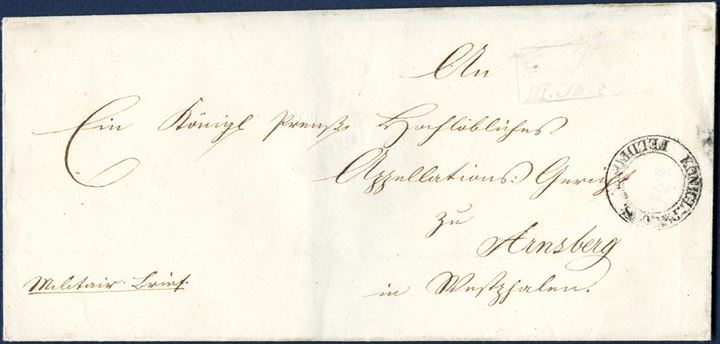 Military letter sent from Theod. Kaiser at the 10th Companie 16th Landwehr Regiment of the mobile forces in Jutland during the 1848-51 war and postmarked  “KONIGL.PREUSS.FELDPOST” two-ring mark and a weak boxed mark from the battalion. Letters with these postmarks used in Denmark are rarely seen. 