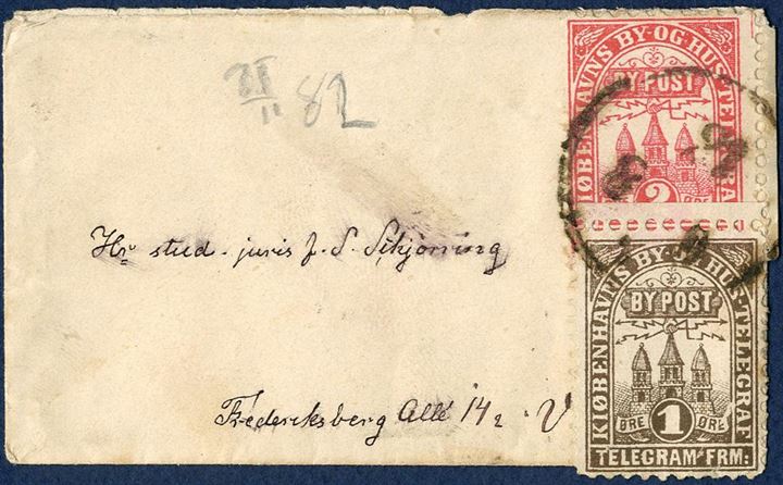 Danish City Post. Letter franked with 1 and 2 øre sent to Frederiksberg Alle and with pencil marking “21/11 82”. Small and beautiful ladies letter, with a defect on the 1 øre stamp in the lower perforations.
