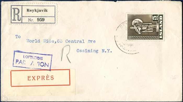 Registered Express Airmail letter to New York from Reykjavik July 1947 with NY arrival mark on reverse. Registration 60 aur, express 125 aur, letter 0-20 gram 60 aur, 2x 90 aur airmail surcharge each 5 gramm, total 425 aur. Overfranked by 75 aur, but still an attractive cover. 