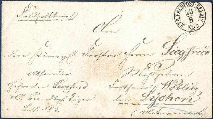 Field Post letter sent from Christiansfeld 23 August 1864 and postmarked “K.PR.FELDPOST-RELAIS No. 8”. The Prussian troops occupied Jutland in the 1864-war and opened a Field Post office No. 8 in Christiansfeld, where the postmark was used during the occupation. Slightly stained.