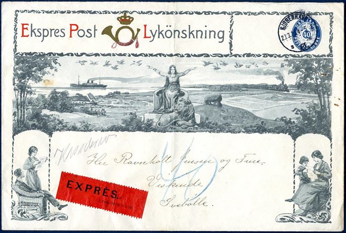 Expres Post Lykönskning 40 øre envelope issued for ”Kunstforlaget” paying the express fee of 40 øre, sent from Copenhagen to Svebølle 23 March 1925. Charged 40 øre in blue crayon “40”, double the postage of 20 øre for a domestic letter. Excellent exhibition.