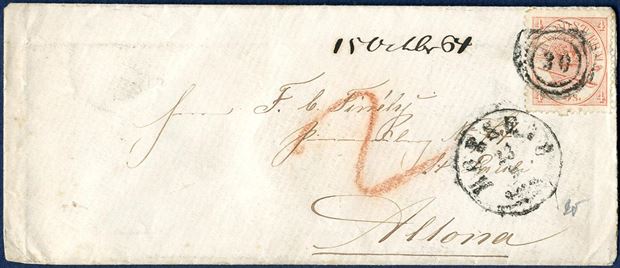 Partly paid letter franked with 4 sk. 1864-issue sent from Horsens in the occupied Jutland to Altona in Holsten 23 September 1864 via Copenhagen to Altona. From 1864 to 1 August 1865 there were not a postal agreement between the Kingdom of Denmark and the Duchies, thus letter letter charged 2 Sch. Courant in Holsten by the addressee.