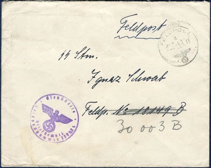 SS-Fieldpost sent 21 April 1943 from Field Post #25363 to a Danish volunteer in the German Army, Ignaz Schwab, Fieldpost #18149 and then changed to #30003B with a seal “V-Hagenkreuz” on the reverse.