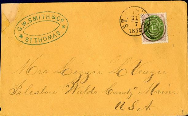 Letter from St. Thomas to Maine, USA July 31, 1878 with singlefranking 12 cents bicoloured II. printing tied by four-ring canceller alongside St. Thomas cds. Some repair to the envelope should not detract this fine item. Ex. Weiergang.
