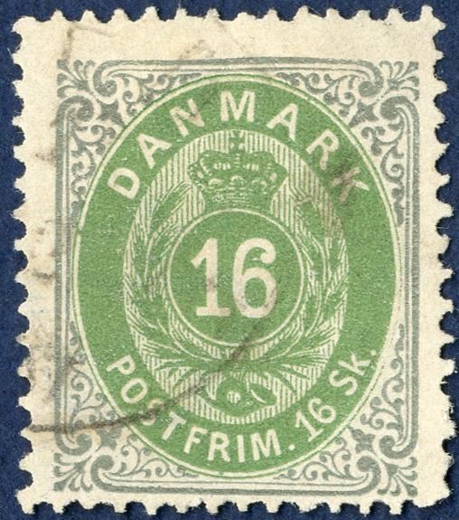16 sk. green/grey bicolored issue II printing 1872 with inverted frame pos. 90, used. In this condition a very scarce stamp.