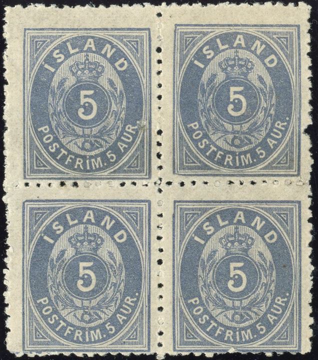 5 aur blue 1876 perf 12 1/2 mint block of four, position 34-35, 44-45.