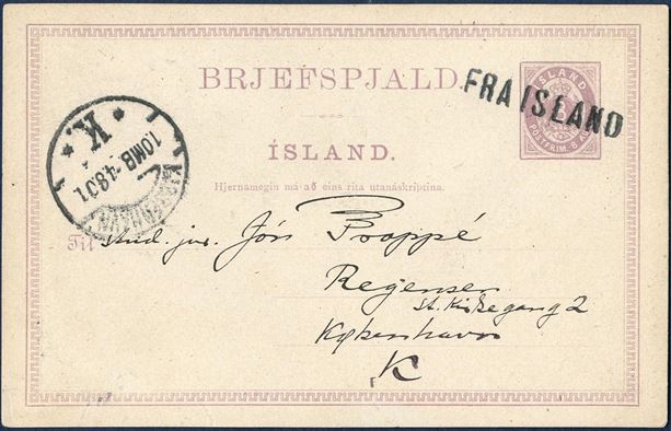 8 aur postal stationery with one-line cancellation FRA ISLAND from Reykjavik to Copenhagen July 1901 and with Copenhagen arrival mark on front. Fine example of an early ship cancellation. 