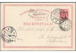 10 aur I GILDI stationery with normal and INVERTED overprint sent from Reykjavik to Copenhagen via Troon 31 December 1903. Reykjavik swiss-type CDS 31 Dec, boxed “SHIP LETTER TROON” and two-ring “Troon 330” CDS 14 Jan, and arriving mark Copenhagen 16 Jan 1904. Gunuine and commercial card franked with 10 aur UPU rate to Denmark VIA ENGLAND. Schillling Nr. 10C overprint I, 7,25 mm. Rare.