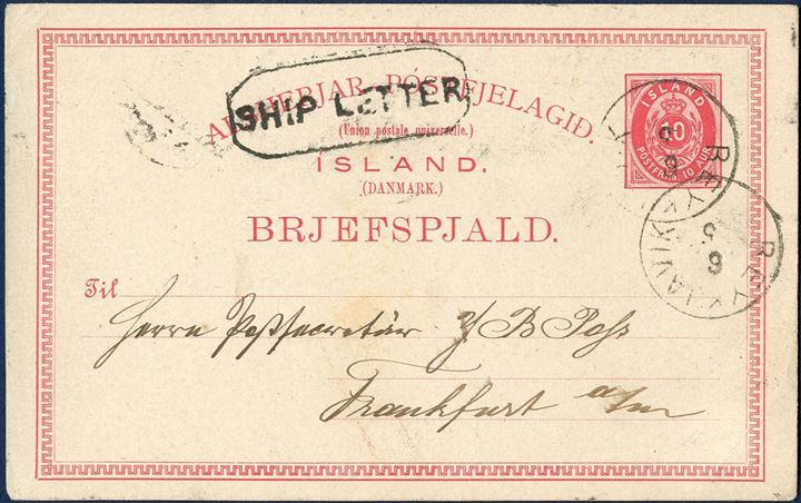 10 aur stationery sent from Reykjavik to Frankfurt via Leith, cancelled Reykjavik 6 May 188- alongside Leith large octagonal boxed “SHIP LETTER”. Schilling Nr. 3C. Hosking #156.