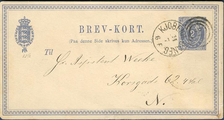 2 sk. BREV-KORT sent locally in Copenhagen 14 July 1876. From the 1 January 1875 a new currency reform replaced the skilling system with Kroner / Øre. Thus 2 sk. corresponded to 4 øre, which became the local rate in the new currency system, a lovely skilling/øre example in excellent condition.