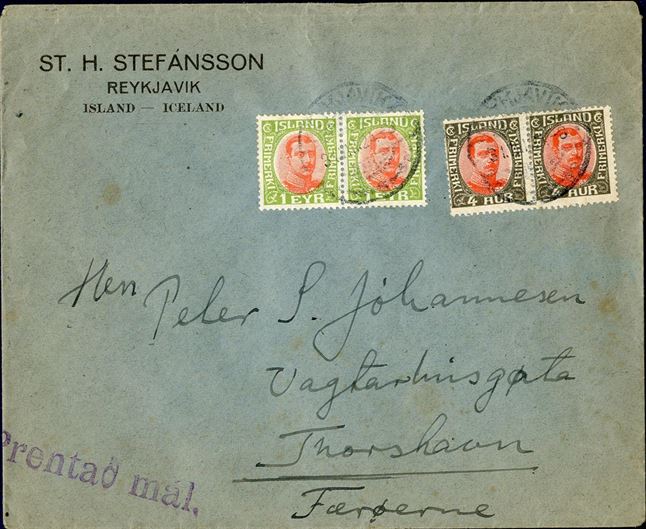 Printed matter to FAROE ISLANDS sent from Reykjavik 31 December 1924, bearing pair of 1 eyr and 4 aur King Christian X 1920-issue. Printed matters sent to Faroe Islands are scarce. Correct 10 aur franking for the printed matter rate.