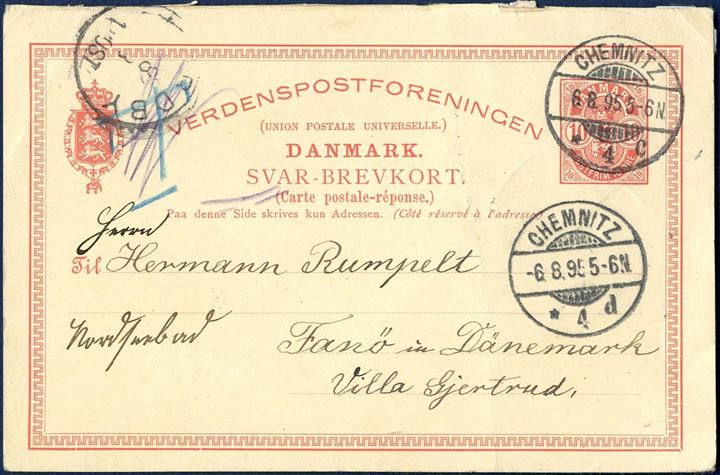 10 øre reply-card sent from Nordby Fanø to Chemnitz and returned with Chemnitz CDS 6 August 1895 and Nordy arrival mark on reply card. Rare set.