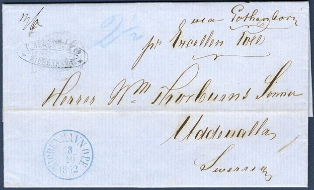 Unpaid letter sent from Copenhagen to Uddevalla 18 October 1862. Sent by steamer „Excellencen Toll” endorsed “pr. Excellenc Toll” and “via Gothenborg”, 36 øre Swedish due, Danish share in blue crayon “2 1/2” Lybske sk. and back stamped Göteborg CDS 20.10.62.