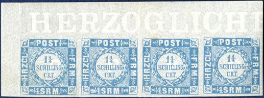 1 1/4 Sch. imperforate, greyish ultramarine Schleswig-Holstein without dots in abbreviations in strip of four with sheet margin “HERZOGLICHE” and full margins all around. Mint never hinged, vertical folds not affecting the stamps. Exhibtion item in superb appearance, ex. Burrus. 
