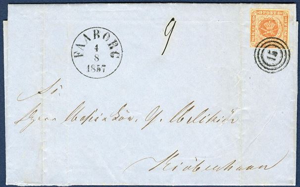Single rate letter franked with 4 sk. 1854 issue from Faaborg to Copenhagen August 4, 1857 and cancelled with numeral 15 and alongside Faaborg cds. Manuscript 9 indicating that the letter has been handed over to the post office 1-2 hours after normal opening hours and therefore a fee of 9 sk. paid. Highly unusual on stamp covers.