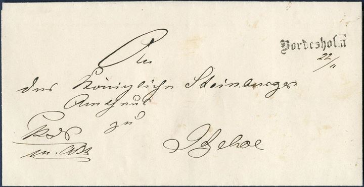 K.D.S. m.att, Official letter sent from Bordesholm to Itzehoe 22 November (1857) applied with a clear strike of “Bordesholm” line mark in antiqua.