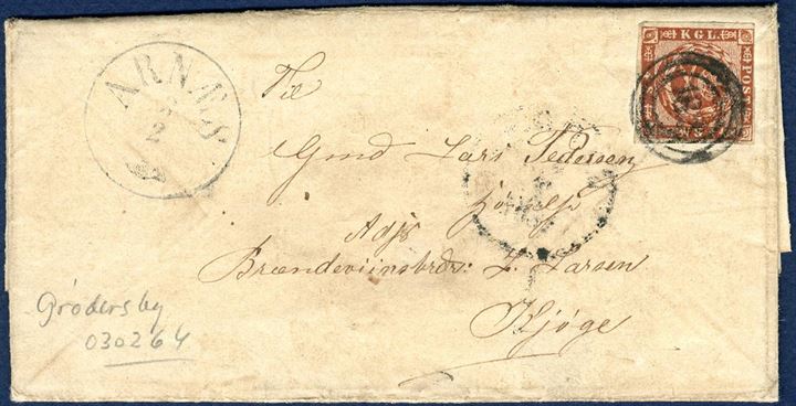 Soldiers letter sent from Arnæs to Køge 3 February 1864 with inside dating “Grödersby 3/2 64”, franked with 4 sk. 1858 wavy-line spandrels, tied by numeral “182” alongside “Arnæs” Antiqua type VI. Written by Peter Lassen, 2. Inffanteri Regiment, 2. Battalion, 8 Compagni No. 89, he also mention “Missunde” and “Captain Schönning has been shot”. 