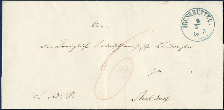 Official letter sent from Brunsbüttel to Meldorf 2 March 1855, charged 6 sk. by the addressee. “Brunsbüttel” CDS Ant. IIb in blue ink. 
