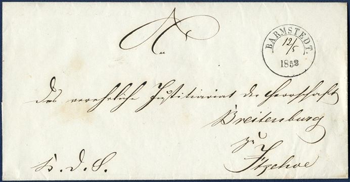 Official letter sent from Barmstedt to Breitenburg near Itzehoe 12 May 1852. Postmarked Barmstedt CDS Ant. IIb type, with manuscripted date. Very fine and clear strike.