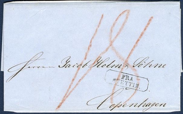 Ship-letter sent from Stettin to Copenhagen 21 October 1859 showing octagonal “FRA STETTIN”, endorsed “18” sk. due by the addressee, paying the German rayon 2 to Danish rayon 9, each 9 sk.