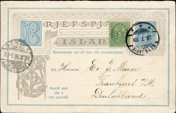 5 aur postal stationery REPLY CARD sent from Reykjavik to Kolding 2 December 1896, additional franked with 3 aur small numeral perf 14, with Kolding JBPE CDS arrival mark on front. Denmark favoured rate only 8 aur instead of 10 aur UPU rate.