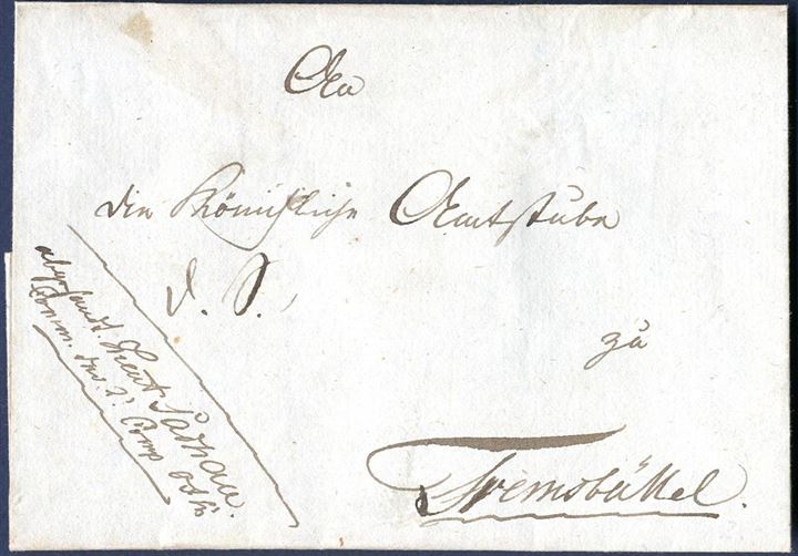 Napoleonic War. Military letter endorsed “D.S.” Dienst Sache sent from Fresenburg to Tremsbüttel in Holstein 31 May 1813. On front endorsed “Lieut Sachau, Comm. Der 2’ Comp. ---“. An unusual endorsement on the front of the letter, 1 wax seal on reverse. 