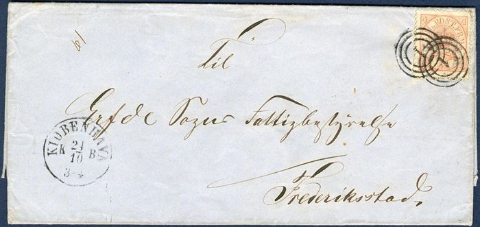 Letter sent from Copenhagen to Friedrichstadt in Slesvig 24 October 1864, franked with 4 sk. 1864 tied by numeral “1” alongside København CDS. The letter was during the 1864-war after Slesvig was occupied by Prussian troops and in this period there were no postal arrangement between Denmark and Slesvig. In this case, the letter is not charged 1 1/4 Sch. C by the addressee.
