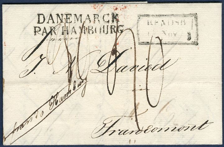 Unpaid letter sent from Rendbsburg franco Hamburg to Francomont 14 November 1833, showing the scarce boxed “RENDSB 13 Nov 33”, Hamburg transit “DANEMARCK – PAR HAMBOURG” and receiving mark in Francomont on reverse. “40” decimes due by addressee marked on front.  Latest recorded date of the boxed Rendburg mark.