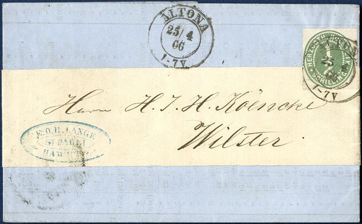 Price current with band sent from Altona to Wilster 25 April 1866, franked with 1/2 S. green Herzogth-Holstein, tied by Altona two-ring. Unusual item. 
