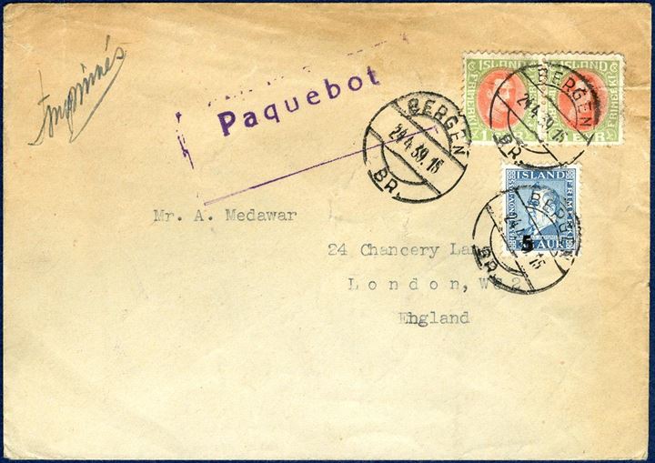 Printed matter sent from “Reykjavik ?” to London via Bergen, franked with pair 1 Eyr Chr. X and Jochumsson 5/35 aur tied by “Bergen 24 April 1939” CDS alongside boxed lilac  “Paquebot” mark. A rare and unusual letter.