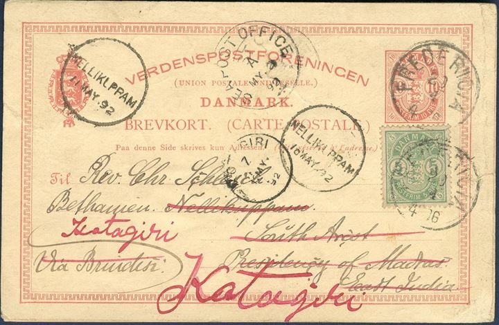 10 øre postal stationery card from Fredericia April 20, 1892 to Nellikuppam and re-addressed to Katagiri with a supplementary franking of 5 øre paying the 15 øre UPU overseas rate for postcards with a seapost office mark and various transitmarks. 