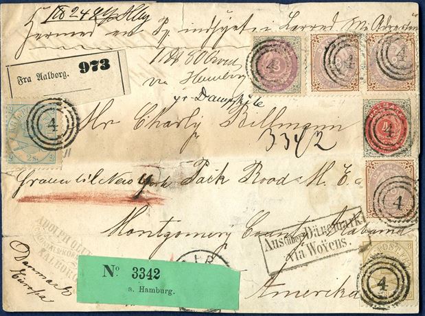 Parcel letter franked with 161 sk. paying the parcel rate from Aalborg to Montgomery County, Alabama USA sent from Aalborg 12 March 1871 and from Bremen 15 March to NY aboard the steamer “Silicia” arriving NY 27 March. Lovely five-colour transatlantic letter from Denmark, highest recorded skilling franking to US and only one of two parcel letters to US. An impressive exhibition item.