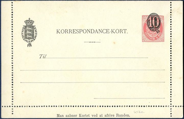 10 øre provisional KORRESPONDANCE-KORT on 8 øre card. Shifted overprint. Ringstrøm # 15, SK KK12a. 